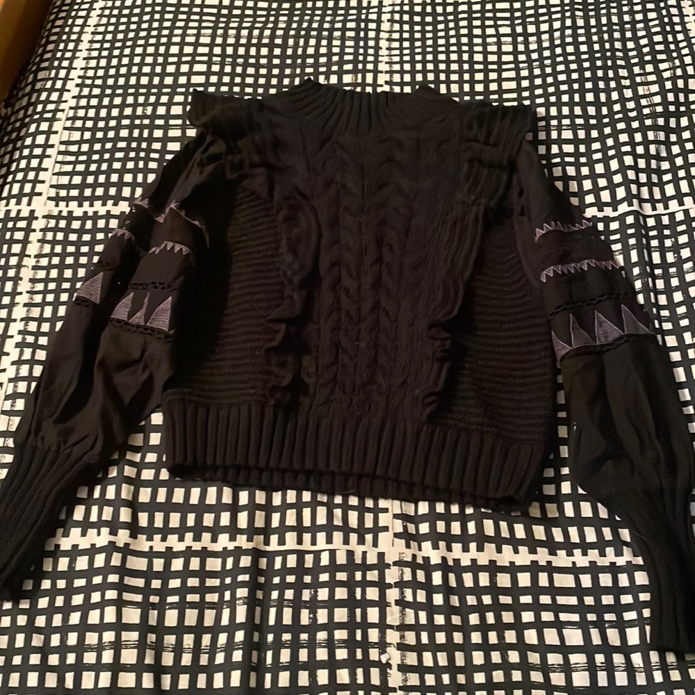 Anthropologie Black Cable knit sweater w/cotton lace sleeves Size M